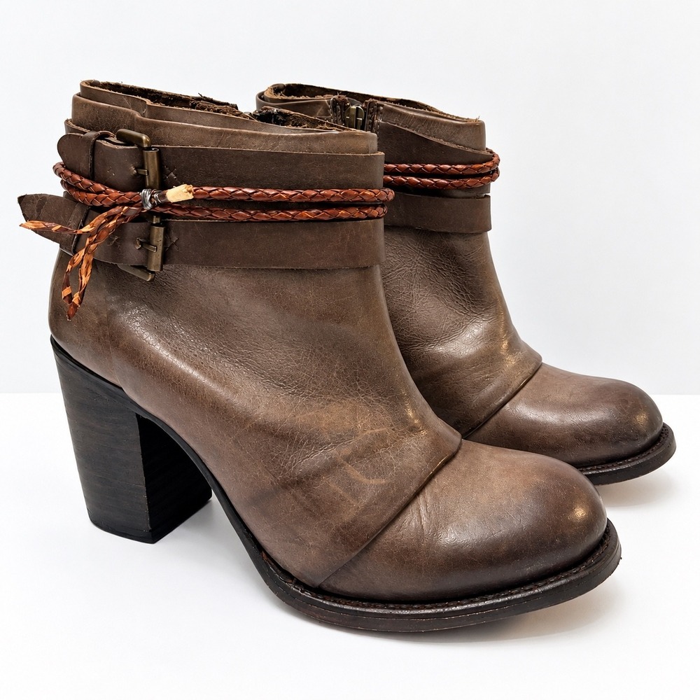 Freebird by Steven Lion Leather Braided Straps Ankle Booties Size 11 Distressed